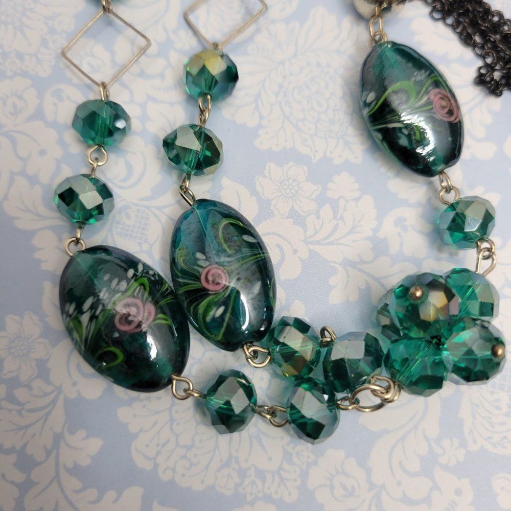 Green Teal Glass Bead Long Necklace